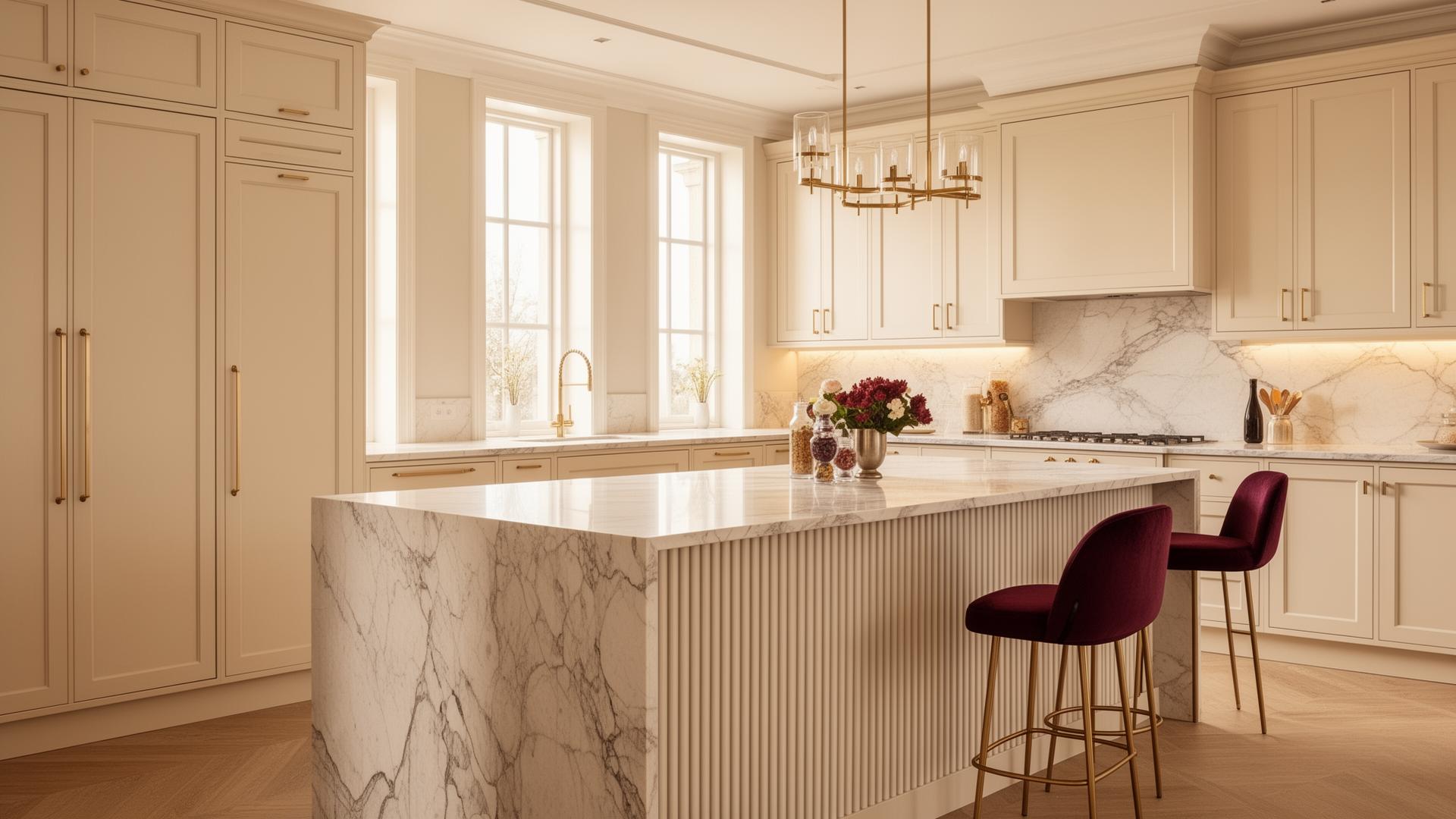 Luxury kitchen with thin shaker cream cabinetry and fluted marble island